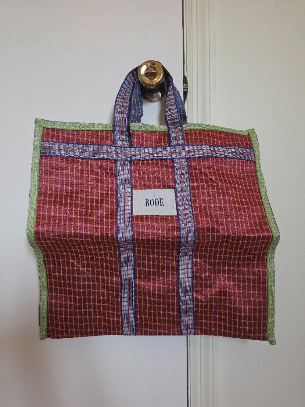 BODE Market Tote Red & Green Plaid Woven Nylon Large Bag | New